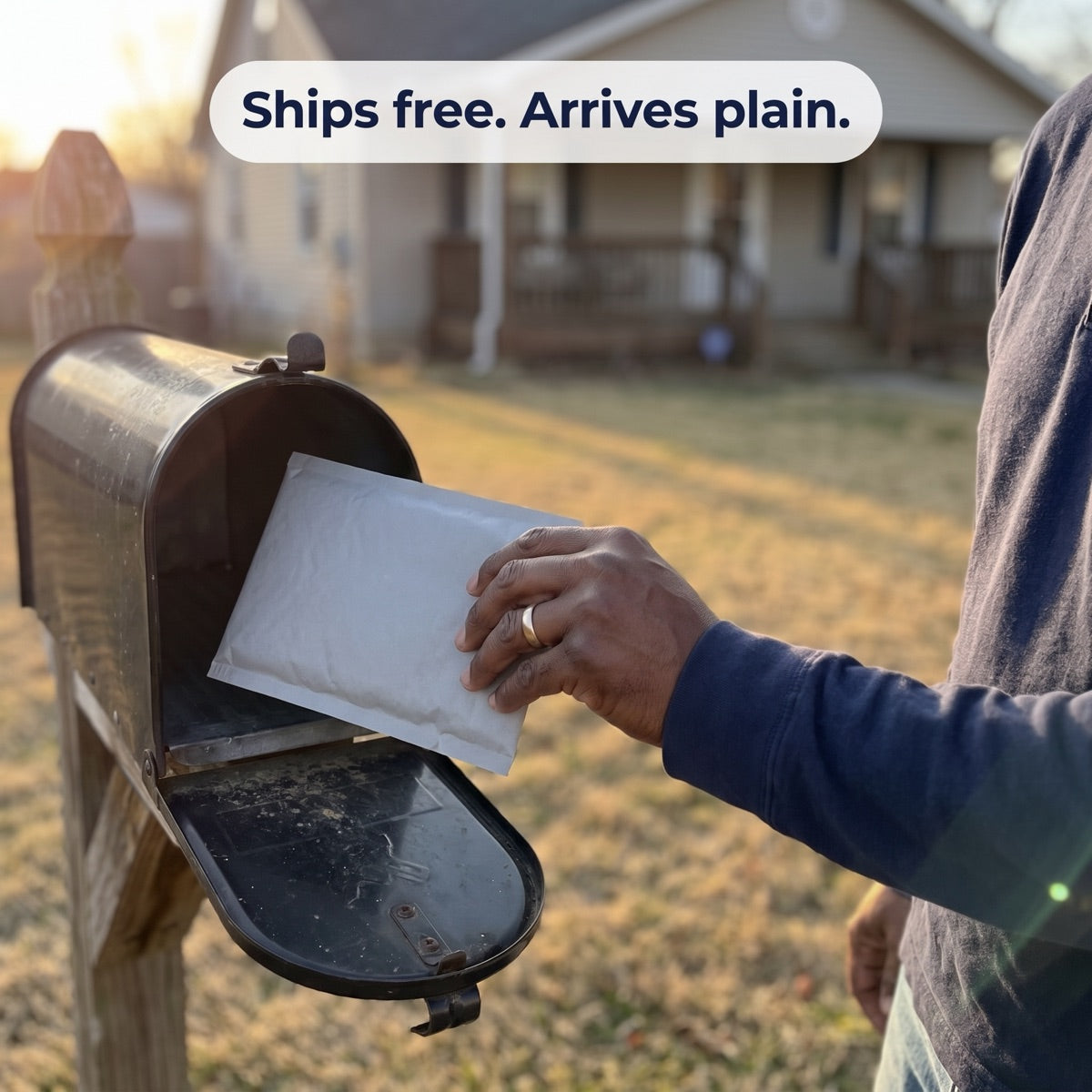 Ships free, arrives plain: a man taking a plain padded mailer out of his mailbox