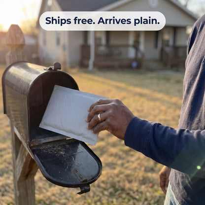 Ships free, arrives plain: a man taking a plain padded mailer out of his mailbox