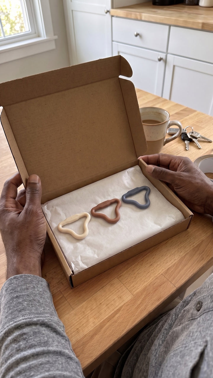 Plain mailer box opened on a kitchen counter with the three Sedgeia rings: Light, Firm and Intense