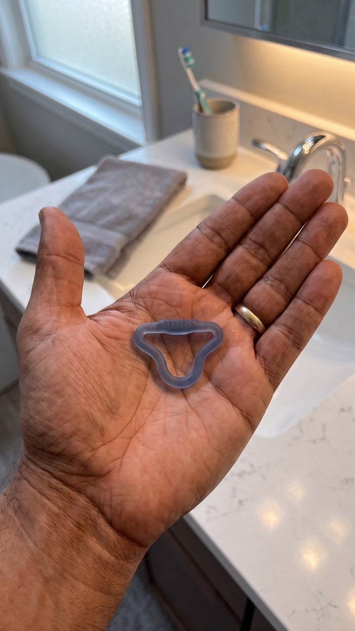 Intense Sedgeia ring resting in a man's open palm, showing its small size