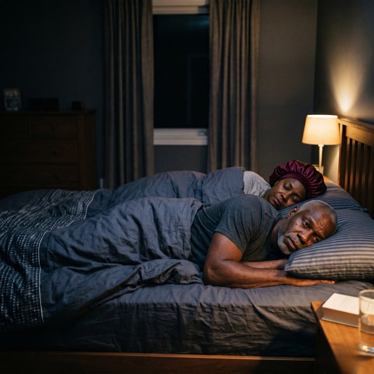 A man lying awake in bed at night while his wife sleeps