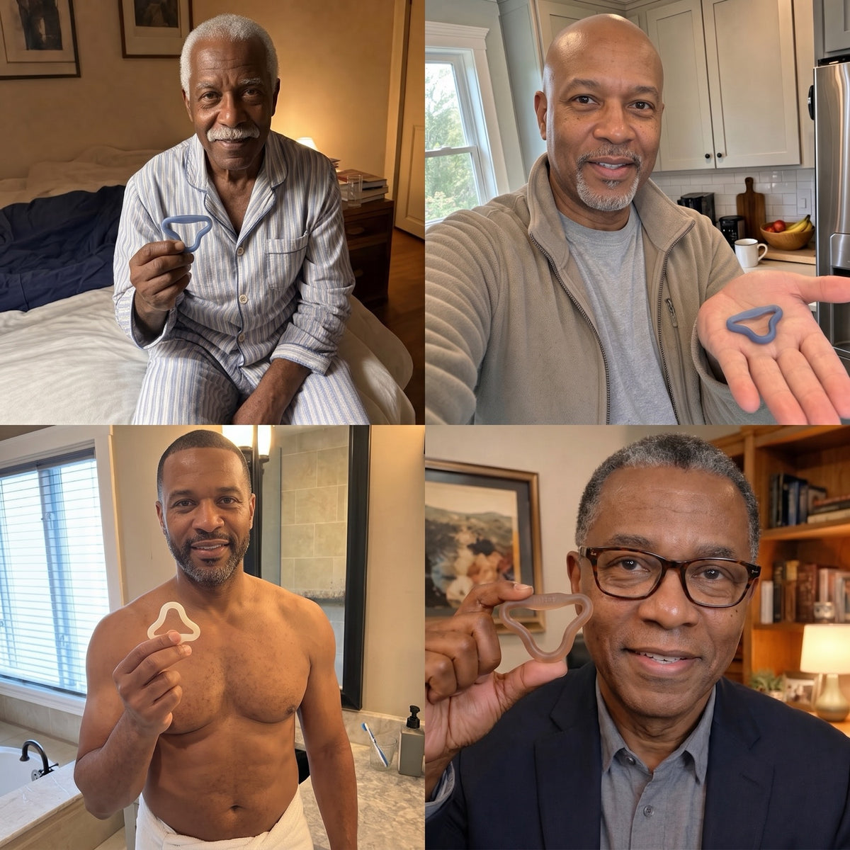 Four men at home each holding a Sedgeia ring