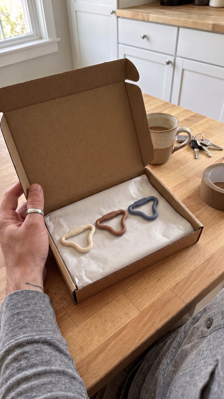 Plain mailer box opened on a kitchen counter with the three Sedgeia rings: Light, Firm and Intense