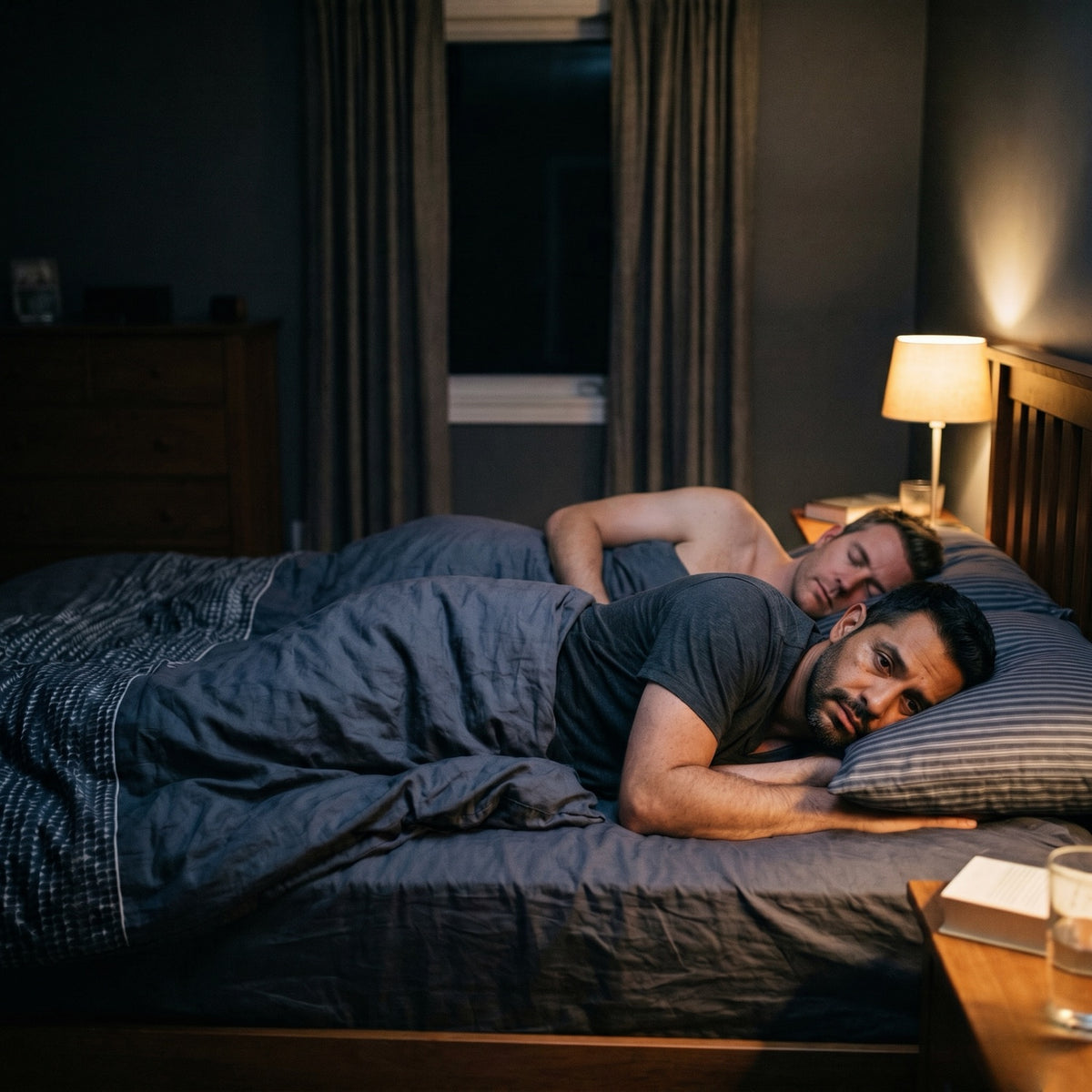 A man lying awake in bed at night while his boyfriend sleeps