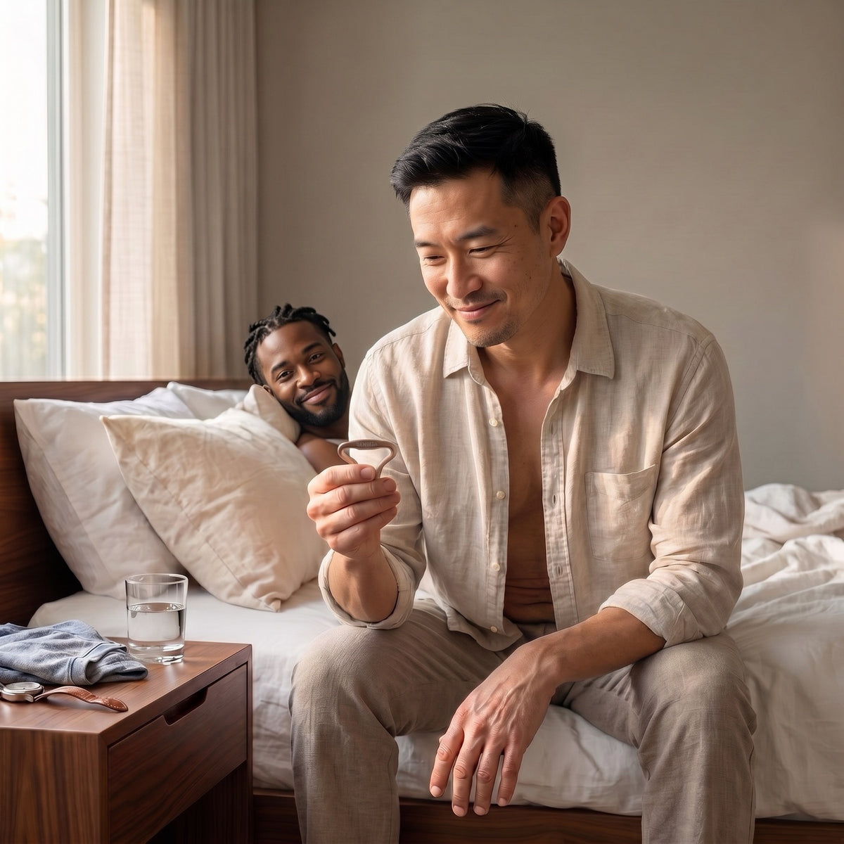 A smiling man on the edge of the bed holding the Sedgeia ring, his partner grinning behind him