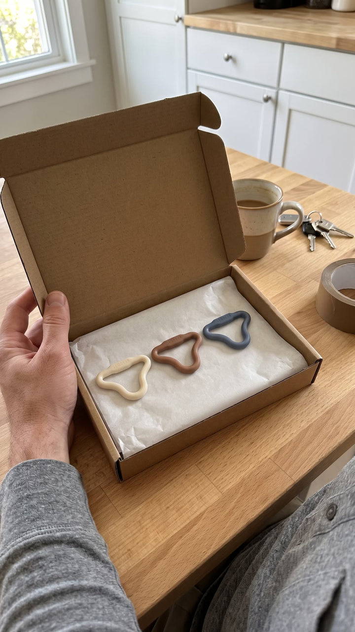 Plain mailer box opened on a kitchen counter with the three Sedgeia rings: Light, Firm and Intense